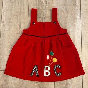 Vintage 80s Corduroy Red Girls 4T ABC Alphabet Pinafore Apron Dress Balloons